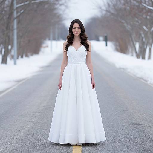 Photograph of a brunette woman with long wavy hair, wearing a sleeveless, white, V-neck ball gown, standing on a snowy, tree