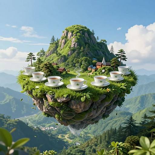 Fantasy CGI illustration of a floating mountain island with tea cups, small houses, and lush greenery, set against a clear blue sky and mountainous