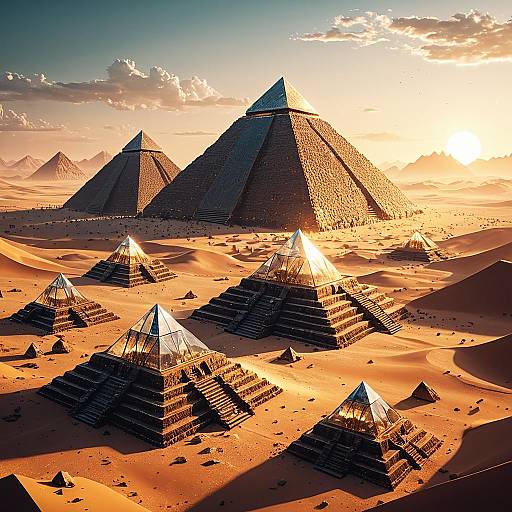 Crystal Pyramid Temples in Desert at Dawn