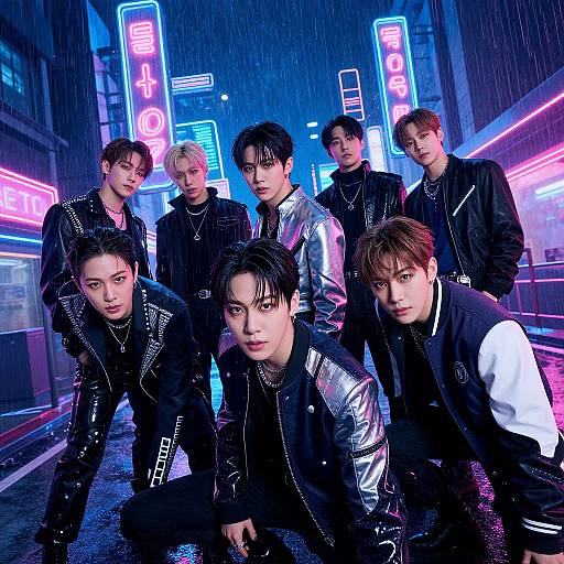 Photograph of six Asian male musicians in neon-lit, rainy urban street, wearing black leather jackets and shiny silver jackets, crouching and standing