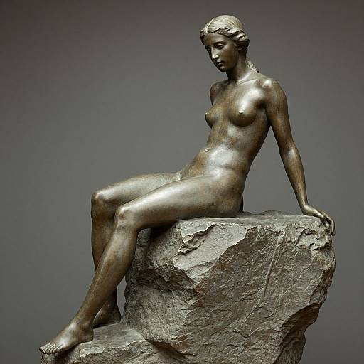 Photograph of a bronze statue depicting a nude, slender woman with small breasts, sitting gracefully on a textured rock against a gray background.