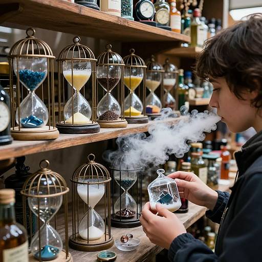 Photograph: Young man with curly brown hair, black jacket, blowing smoke into a glass hourglass, surrounded by shelves of various bottles and more hour