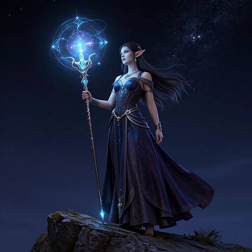 Digital art of an elven sorceress in a black dress, holding a glowing blue staff, standing on a rocky outcrop at night.