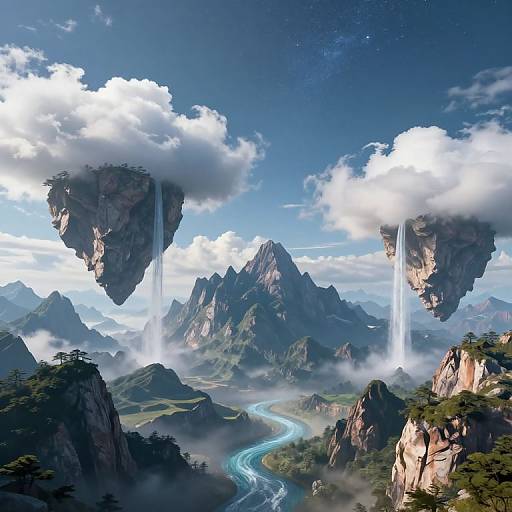 Digital artwork of a fantastical mountain landscape with floating islands, waterfalls, and a winding river under a blue sky with white clouds.