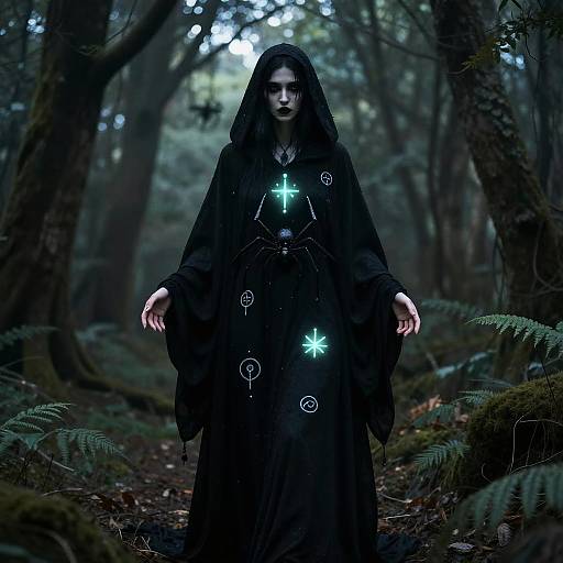 Digital artwork of a mysterious woman in a black hooded cloak, glowing blue crosses and circles on her chest, standing in a dark, misty forest