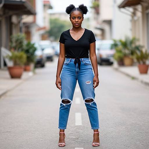 Photograph of a confident African-American woman with dark skin, wearing a black V-neck top, distressed blue jeans, and white heels, standing on a