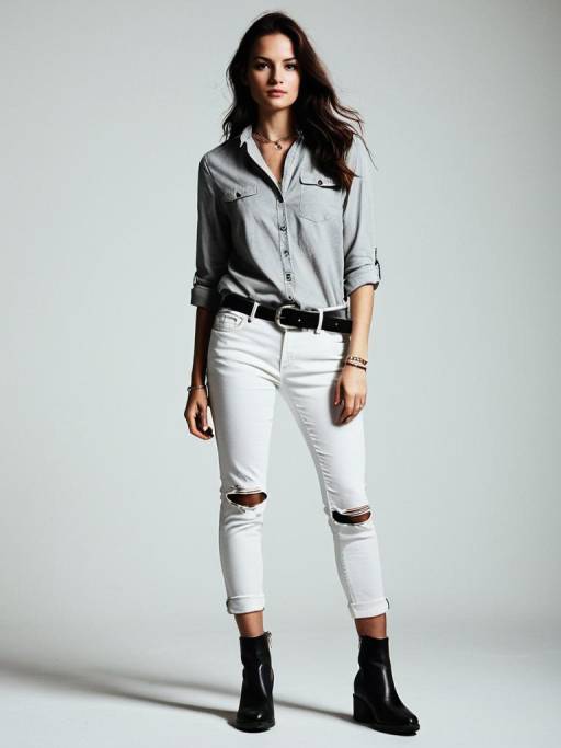Casual Chic Woman in Gray Shirt and White Jeans
