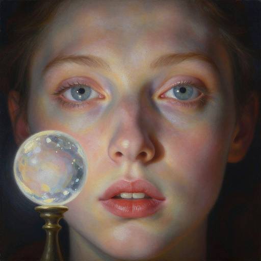 Hyper-realistic digital portrait of a young woman with blue eyes, fair skin, and pink lips, holding a glowing crystal ball on a gold stand against