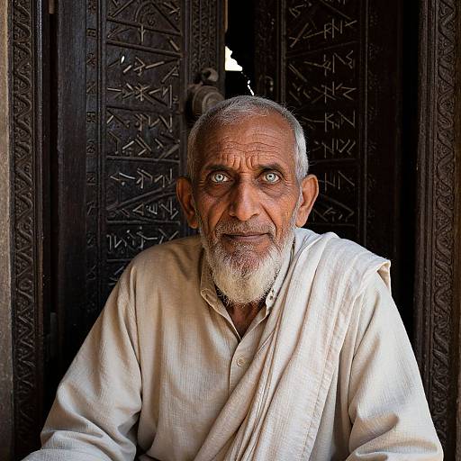 Photograph of an elderly Middle Eastern man with wrinkled skin, white beard, and grey hair, wearing a white shirt, standing in front of intric