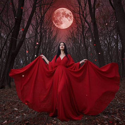 Photograph of a pale woman with black hair, wearing a flowing red dress, standing in a dark, bare forest under a full red moon. Red