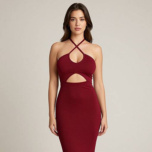 Photograph of a woman with light olive skin, dark brown wavy hair, wearing a form-fitting, deep red halter dress with cut-out