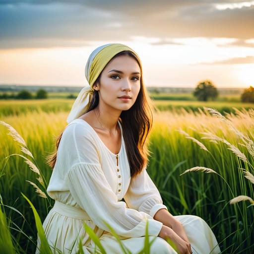 Woman in Yellow Headscarf Sitting in Green Field at Sunset