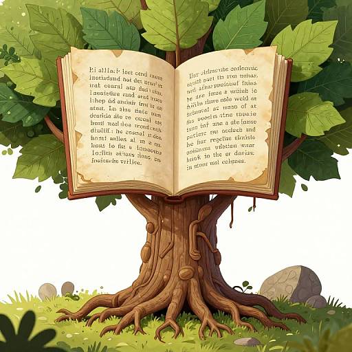 Illustration of an open book with Latin text, hanging from a large, leafy tree with a thick, twisted trunk, set against a bright,