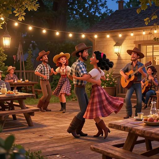 Digital illustration of a lively western-themed dance party on a wooden deck at dusk, with string lights, cowboy hats, and folk music.