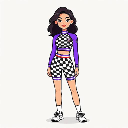 Digital illustration of a smiling young woman with long black hair, wearing a checkered crop top and shorts, purple long sleeves, white socks, and white