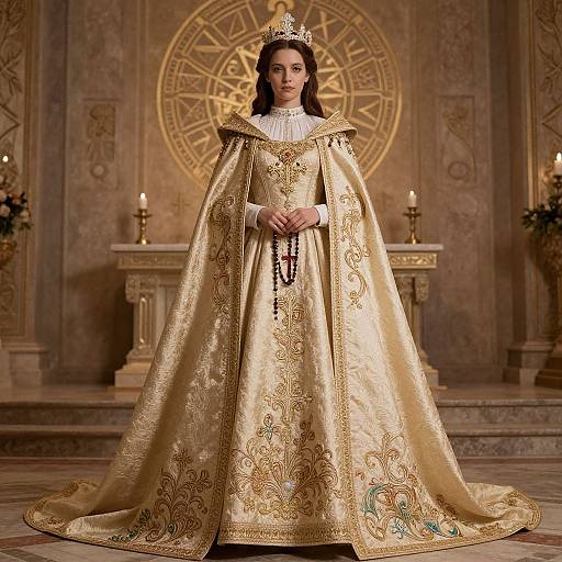 Photograph of a regal woman in ornate, gold, medieval-style gown with elaborate embroidery, crown, and necklace, standing in a grand,