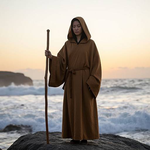 Photograph of an Asian woman in a brown hooded robe holding a wooden staff, standing on a rocky shore at sunset. Waves crash in the background