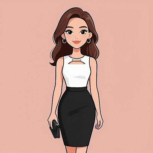 Digital illustration of a smiling woman with long brown hair, wearing a white sleeveless top, black pencil skirt, and holding a black clutch against a pink