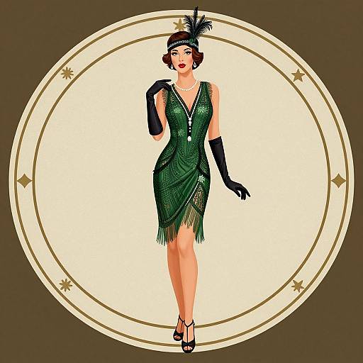 Vintage-style digital illustration of a woman in a green, fringe dress, black gloves, and headband with feather, standing against a circular beige background with