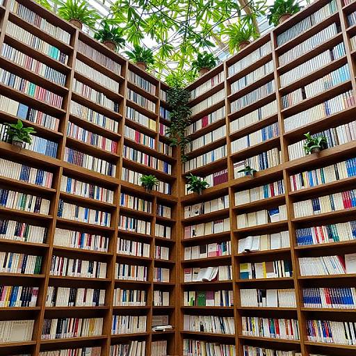 Photograph of a tall, wooden, corner library with colorful bookshelves, green plants hanging from the ceiling, and bright natural light.