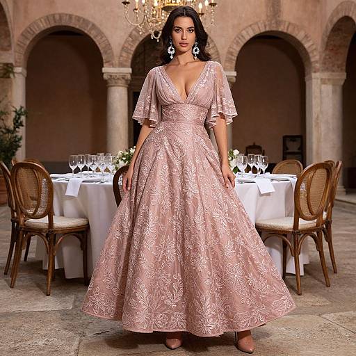 Photograph of a dark-haired woman in a pink, lace-embellished, V-neck ball gown, standing in an elegant, arched stone