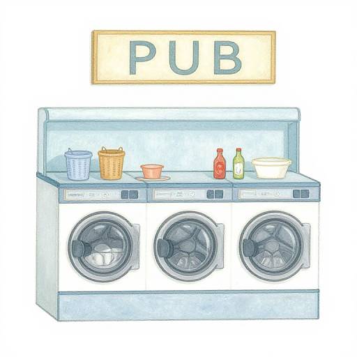 Digital drawing of a laundry room with three front-loading washers, countertop with laundry basket, orange basket, red bottle, and white bowl, and