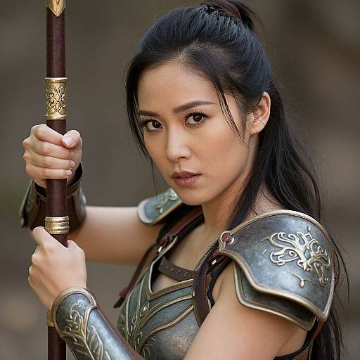 Photograph of an Asian woman warrior with long black hair in ornate, metallic armor, holding a staff, with a focused expression. Background is blurred