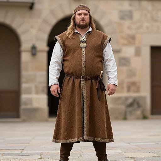 Photograph of a tall, bearded man with long brown hair, wearing a medieval brown tunic, white shirt, and brown hat, standing in