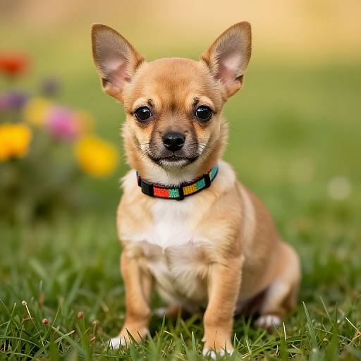 Photograph of a small, tan and white Chihuahua with large ears, sitting on green grass, wearing a colorful collar, with blurred yellow