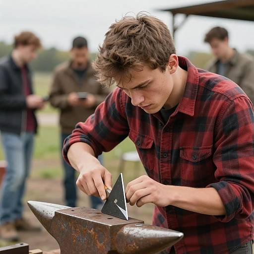 Intense Young Man Sharpens Tool Outdoors