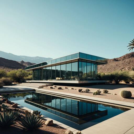 Modern Glass House with Reflective Pool in Desert