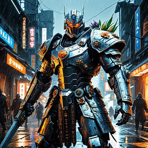 Silver-Armored Cyber Samurai in Neon Rainy City