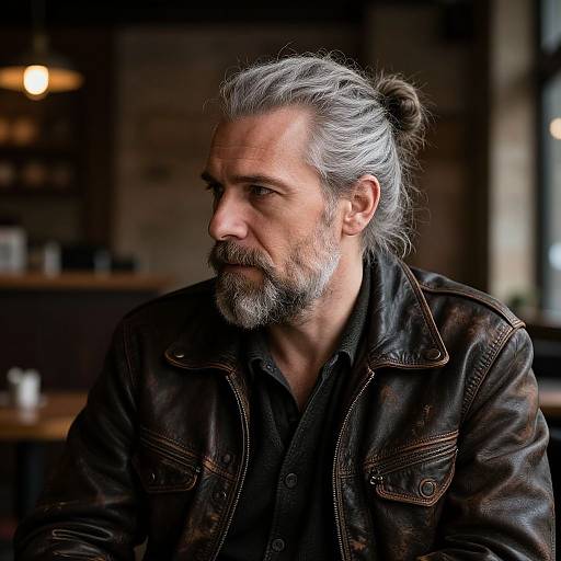 Photograph of a middle-aged man with gray hair in a bun, beard, and leather jacket, sitting in a dimly lit café.