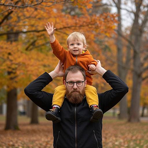 Photograph of a bearded man with glasses, carrying a smiling blonde child in orange hoodie and yellow sleeves, against an autumn park background.