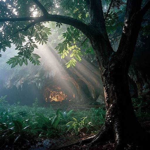 Photorealistic Mystic Cave Forest Scene