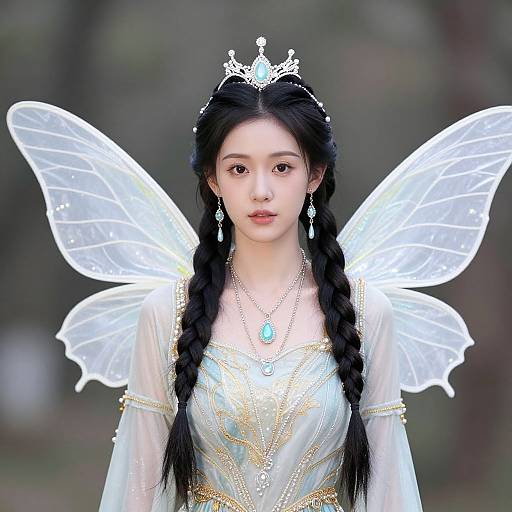 Digital artwork of an East Asian woman with long black braids, wearing a silver crown, translucent fairy wings, and a white gown adorned with gold and
