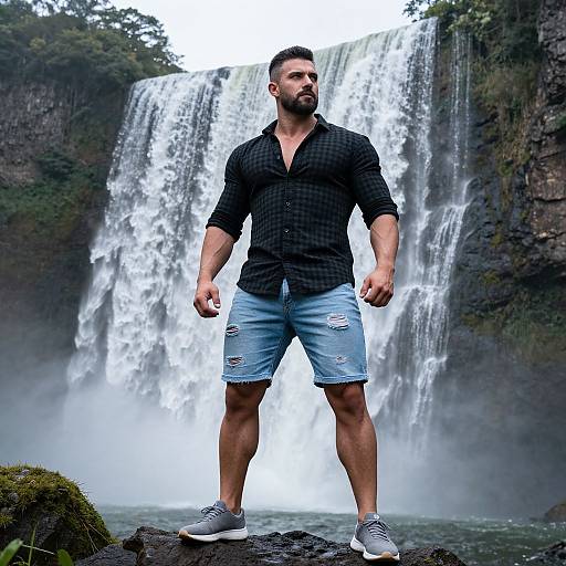 Muscular Man by Dramatic Waterfall