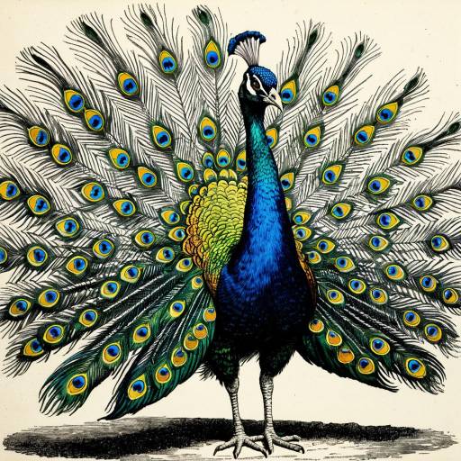 Vivid Peacock Etching Illustration
