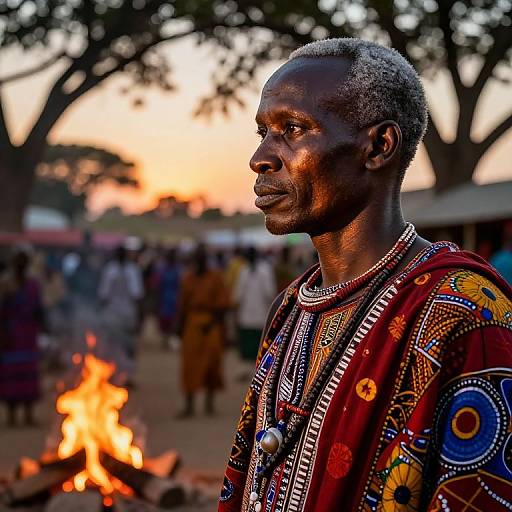 Photograph of an African man with short gray hair, wearing colorful traditional attire, adorned with multiple necklaces, standing by a campfire at sunset,