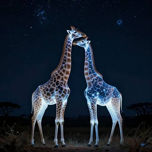Photograph of two glowing giraffes with bioluminescent patterns, standing close under a starry night sky in a dark, grassy sav