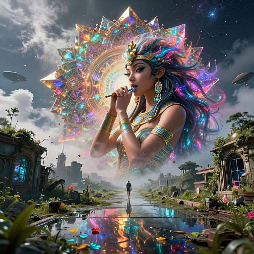 Digital artwork: A radiant, colorful-haired goddess with glowing headdress, gold jewelry, and pensive expression hovers above a reflective, futuristic village with