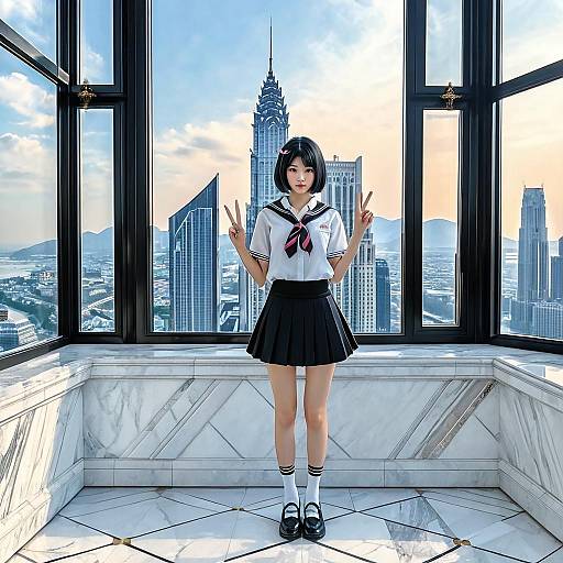 Elegant Schoolgirl at Sunset View