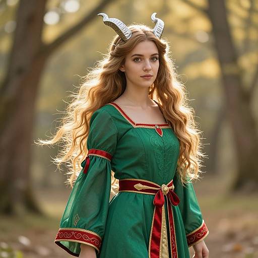 Photograph of a young woman with long, wavy blonde hair, wearing a green, medieval-style dress with red trim and horned headband,