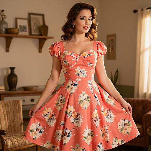 Retro Rockabilly Woman in Coral Dress