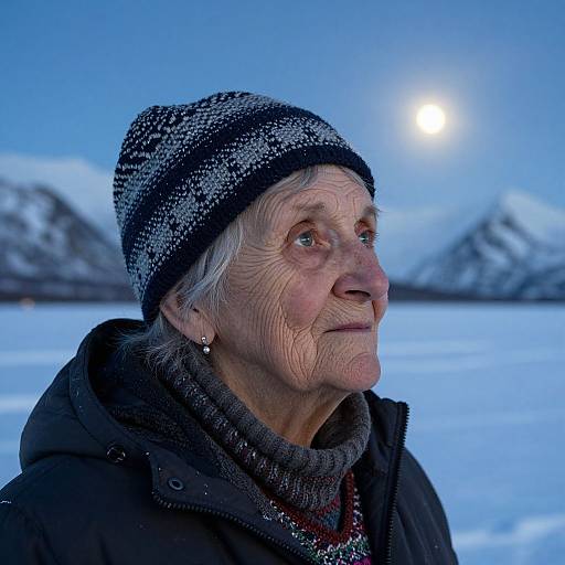 Photograph of an elderly woman with white hair, wearing a snow-speckled black beanie and dark coat, gazing at a bright moonlit