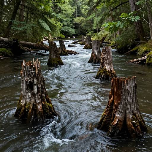 Photograph of a forest stream with moss-covered, weathered tree stumps in the water, surrounded by dense green foliage and tall trees.
