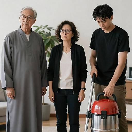 Three Generations Indoors with Vacuum Cleaner