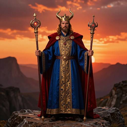 Photograph of a bearded king with golden crown, blue and gold robe, red cape, holding two ornate staffs, against a vivid orange