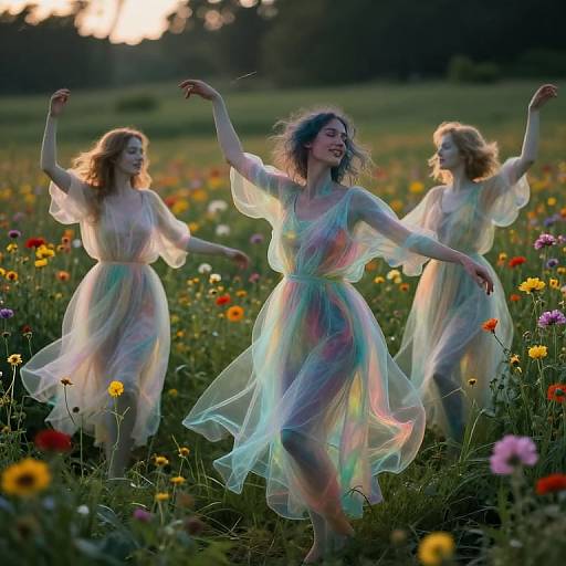Three ethereal women in translucent, rainbow-tinged dresses dance in a vibrant flower field at sunset, arms raised, surrounded by colorful wildflowers.