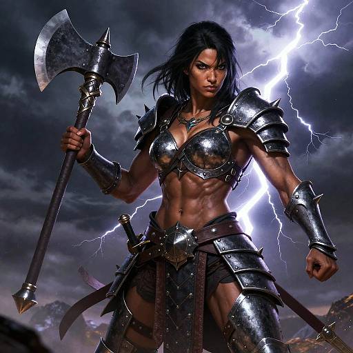 Digital artwork of a muscular, dark-haired warrior woman with glowing armor, holding a double-headed axe, standing in a lightning-filled, stormy sky.
